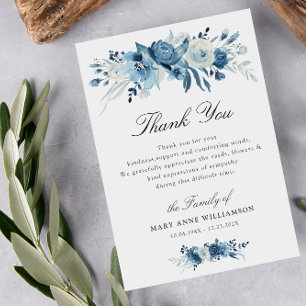 dusty blue floral funeral thank you note card