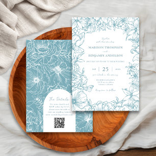 Dusty Blue Floral Garden Arch RSVP QR Code Wedding Invitation