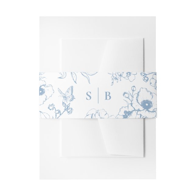 Dusty Blue Floral Garden Monogram Wedding Invitation Belly Band (Front Example)