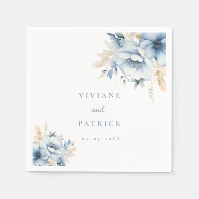 Dusty Blue Floral Geometric Frame Bloom Wedding  Napkin (Front)