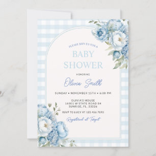 Dusty Blue Floral Gingham Baby Shower  Invitation