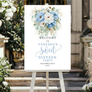 Dusty Blue Floral Gold 16th Birthday Welcome Sign