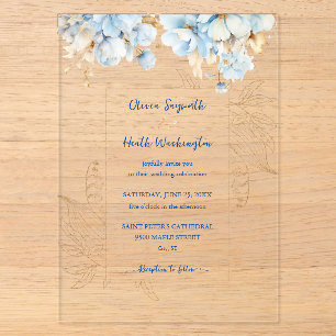 Dusty Blue Floral Gold Acrylic Invitations