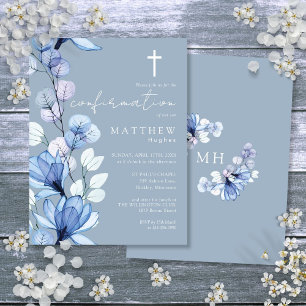 Dusty Blue Floral Gold Confirmation Invitation Postcard