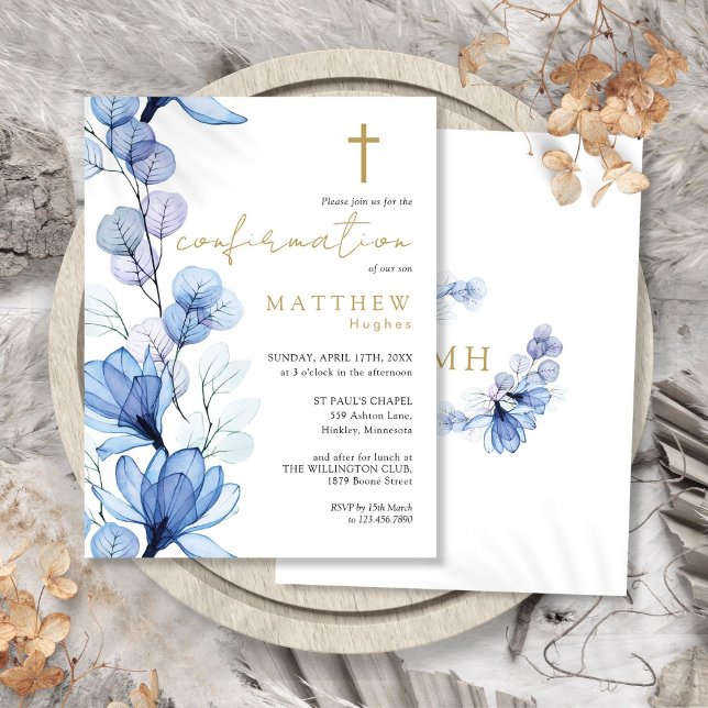 Dusty Blue Floral Gold Confirmation Invitation Postcard (Dusty Blue Floral Gold Confirmation Invitation Postcard)