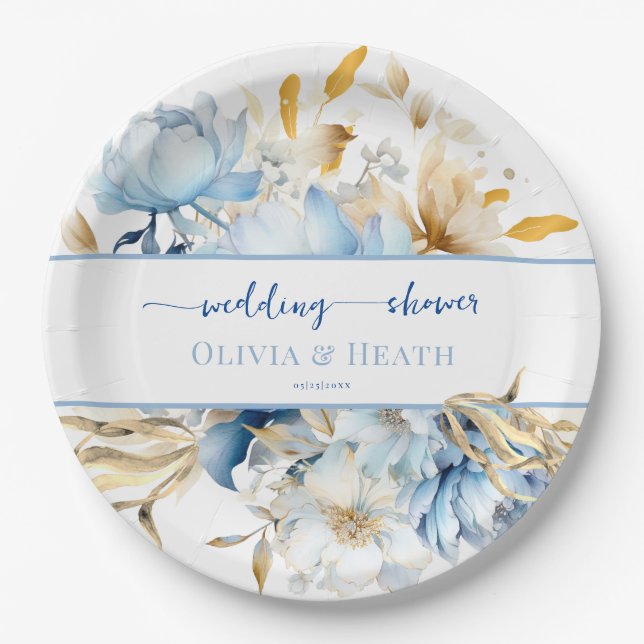Dusty Blue Floral Gold Couples Shower Paper Plate (Front)