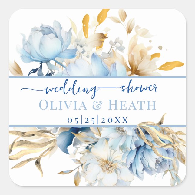 Dusty Blue Floral Gold Couples Shower Square Sticker (Front)