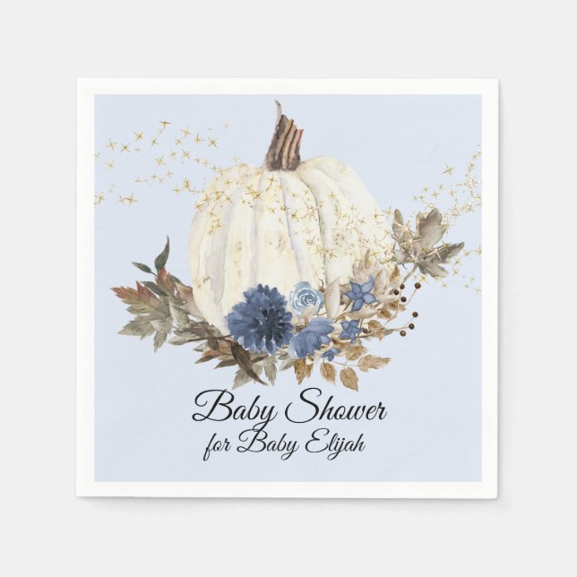 Dusty Blue Floral Gold Fall Pumpkin Baby Shower Napkin (Front)