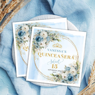Dusty Blue Floral Gold Frame 15th Birthday Napkins
