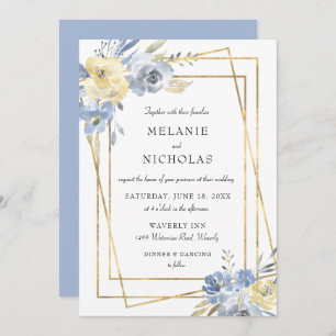 Dusty Blue Floral Gold Frame Wedding Invitation