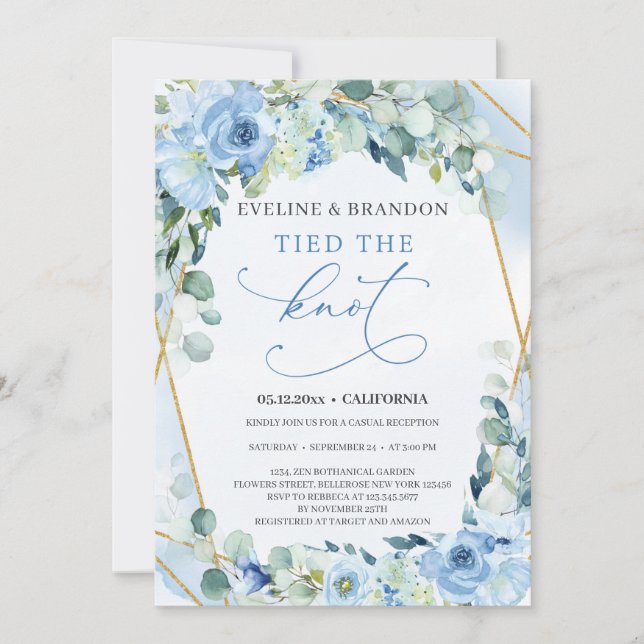 Dusty Blue Floral Gold Geometric Tied the Knot Invitation (Front)
