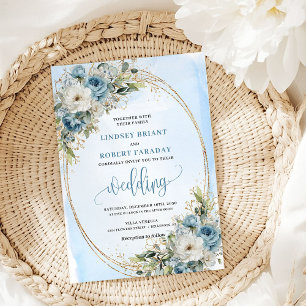 Dusty Blue Floral Gold Glitter Boho Wedding Invite
