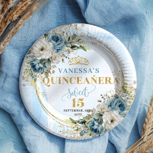 Dusty Blue Floral Gold Glitter Custom Quince Plate