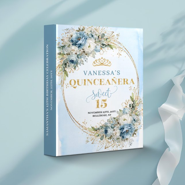 Dusty Blue Floral Gold Quinceañera Scrapbook Binde Binder (Dusty Blue Floral Gold Quinceañera Scrapbook Binder)
