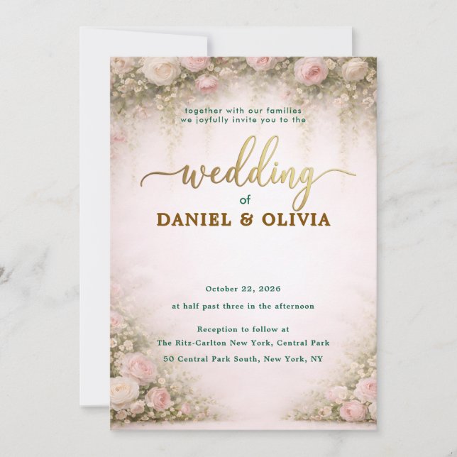 Dusty Blue Floral Gold Script Photo Overlay Invitation (Front)