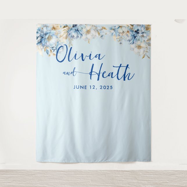 Dusty Blue Floral Gold Tapestry (Front)