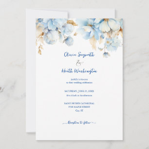 Dusty Blue Floral Gold Wedding 2 Invitation