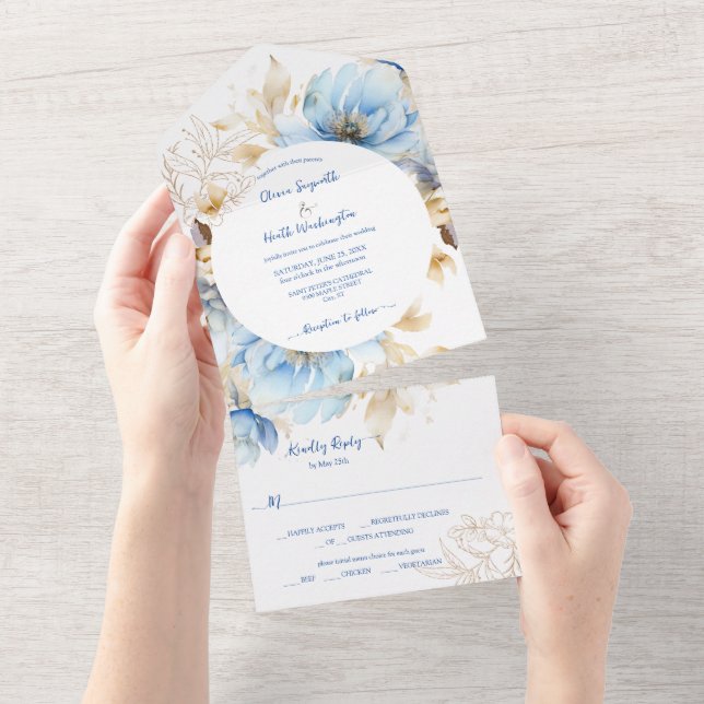 Dusty Blue Floral Gold Wedding All In One Invitation (Tearaway)