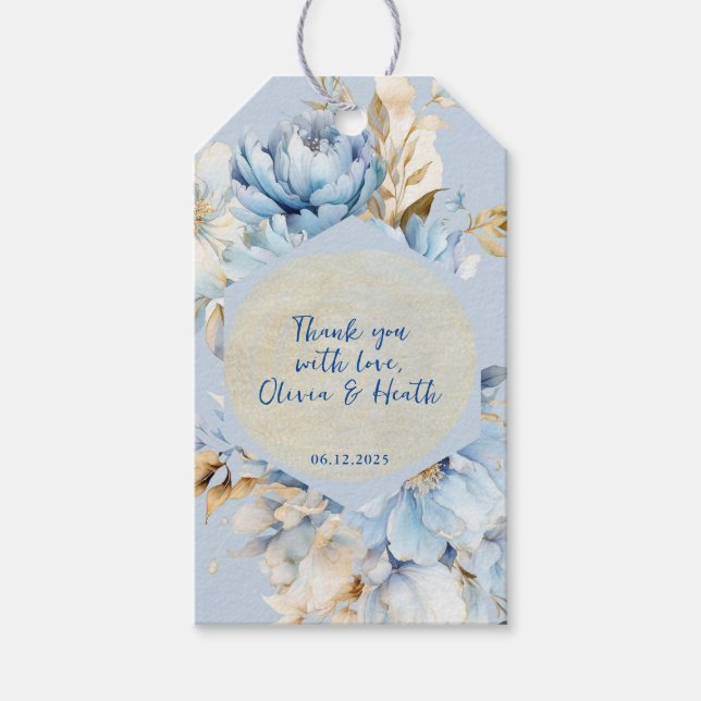 Dusty Blue Floral Gold Wedding Gift Tags (Front)