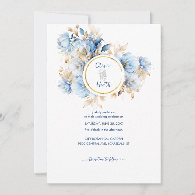 Dusty Blue Floral Gold Wedding Invitation (Front)
