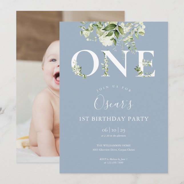 Dusty Blue Floral Greenery 1st Birthday Photo Invitation (Front/Back)