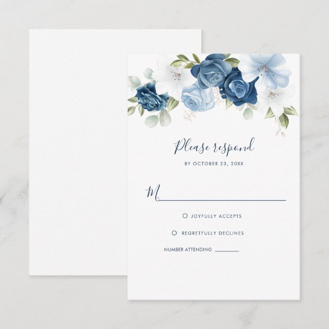 Dusty Blue Floral Greenery Botanical Script RSVP Card (Front/Back)