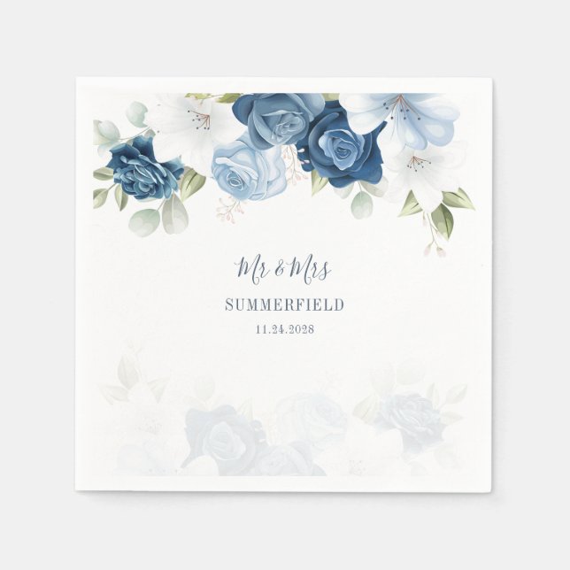 Dusty Blue Floral Greenery Botanical Wedding Paper Napkin (Front)