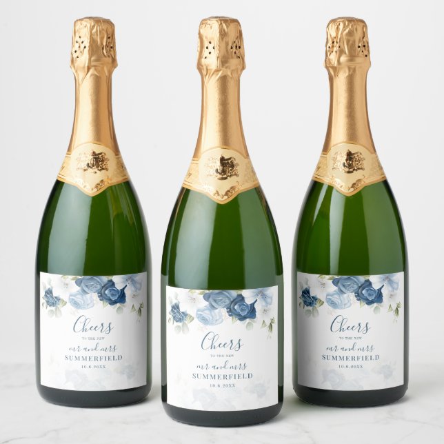 Dusty Blue Floral Greenery Botanical Wedding Sparkling Wine Label (Bottles)