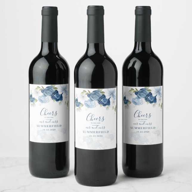 Dusty Blue Floral Greenery Botanical Wedding Wine Label (Bottles)
