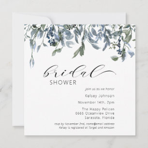 Dusty Blue Floral Greenery Bridal Shower Invitation