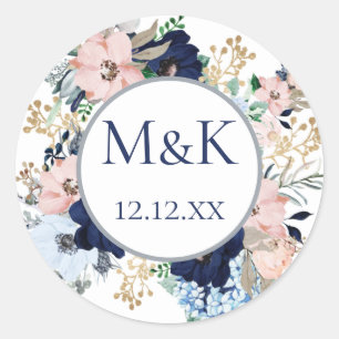 Dusty Blue Floral Greenery Classic Round Sticker