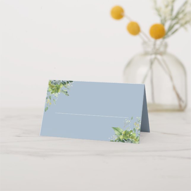 Dusty Blue Floral Greenery Elegant Wedding Place Card (Front)