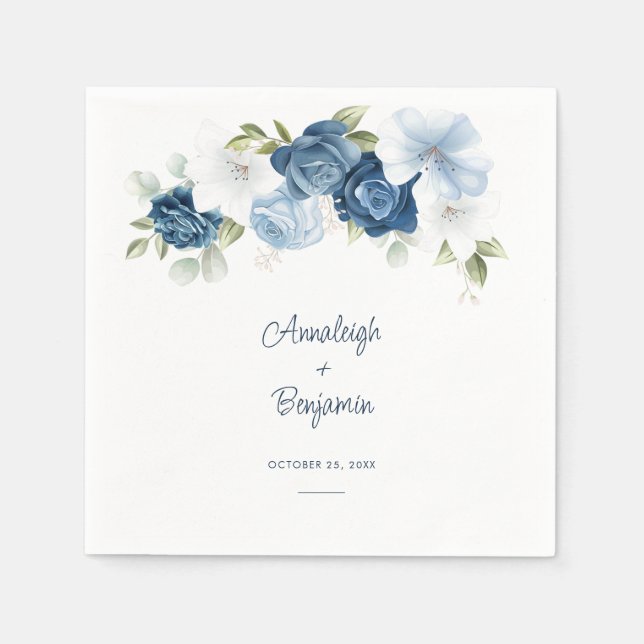 Dusty Blue Floral Greenery Foliage Wedding Napkin (Front)