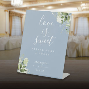 Dusty Blue Floral Greenery Love Is Sweet Favour Pedestal Sign