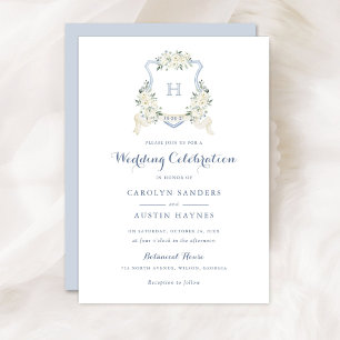 Dusty Blue Floral Greenery Monogram Crest Wedding Invitation