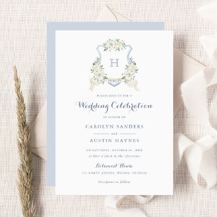 Dusty Blue Floral Greenery Monogram Crest Wedding Invitation