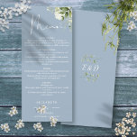 Dusty Blue Floral Greenery Monogram Wedding Dinner Menu<br><div class="desc">This elegant dusty blue floral botanical greenery leaves wedding menu can be personalized with your information in chic typography with your monogram initials on the reverse. Designed by Thisisnotme©</div>