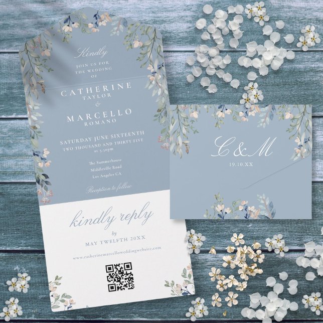 Dusty Blue Floral Greenery QR Code Wedding All In One Invitation (Dusty Blue Floral Greenery QR Code Wedding All In One Invitation)