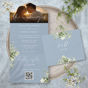 Dusty Blue Floral Greenery QR Code Wedding Photo All In One Invitation