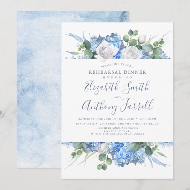 Dusty Blue Floral Greenery Rehearsal Dinner Invitation (Front/Back)