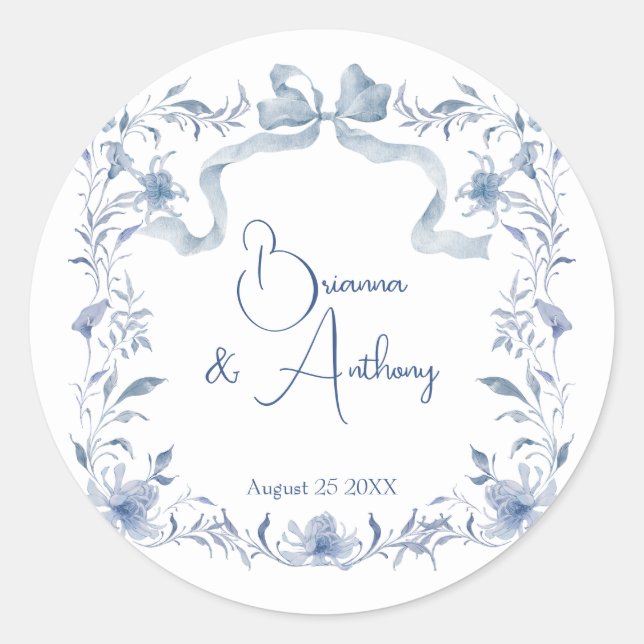 Dusty blue floral greenery ribbon elegant custom classic round sticker (Front)