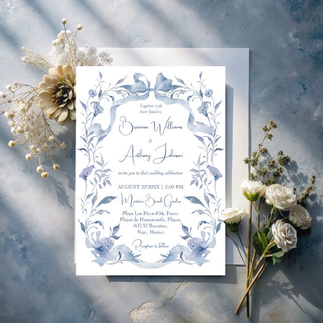Dusty blue floral greenery ribbon elegant wedding invitation (Dusty blue floral woodlands greenery vintage ribbon border elegant wedding invitation cards template)