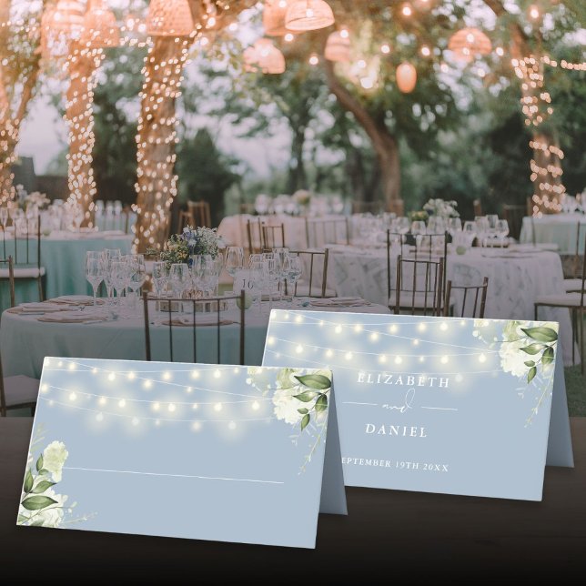 Dusty Blue Floral Greenery String Lights Wedding Place Card (Dusty Blue Floral Greenery String Lights Wedding Place Card)