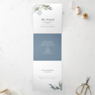 Dusty Blue Floral Greenery Trifold Wedding Invite