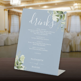 Dusty Blue Floral Greenery Wedding Drinks Menu Pedestal Sign