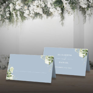 Dusty Blue Floral Greenery Wedding Folded Place Card