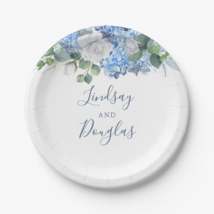 Dusty Blue Floral Greenery Wedding Hydrangea Paper Plate
