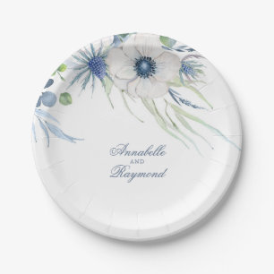 Dusty Blue Floral Greenery Wedding Paper Plate