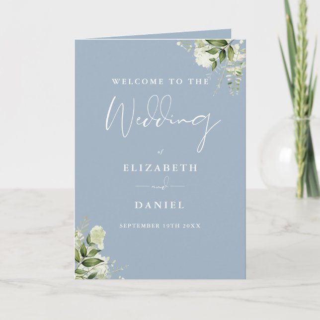 Dusty Blue Floral Greenery Wedding  Program (Front)