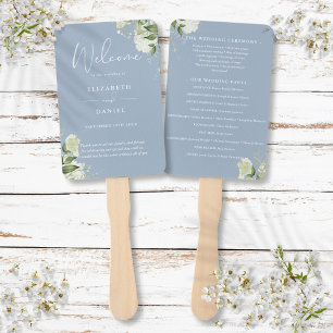 Dusty Blue Floral Greenery Wedding Program Hand Fan